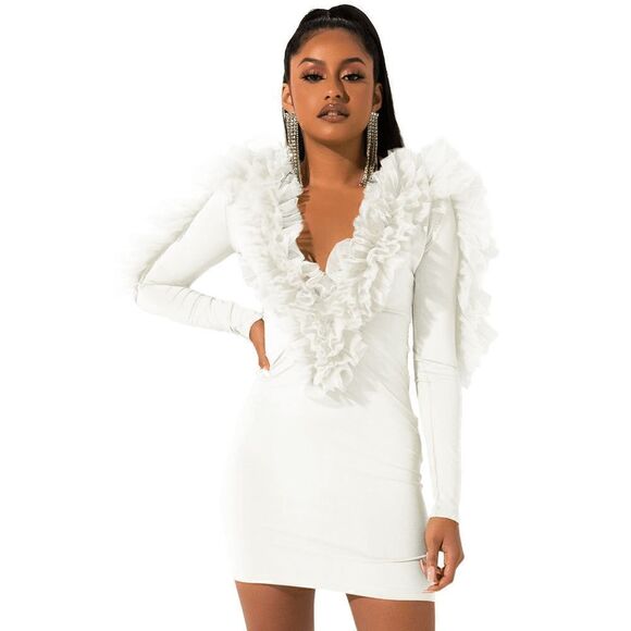 🤍 Deep V-Neck Cleavage Flounce Ruffle Bodycon Party Mini White Dress SIZE M NEW - Picture 8 of 15